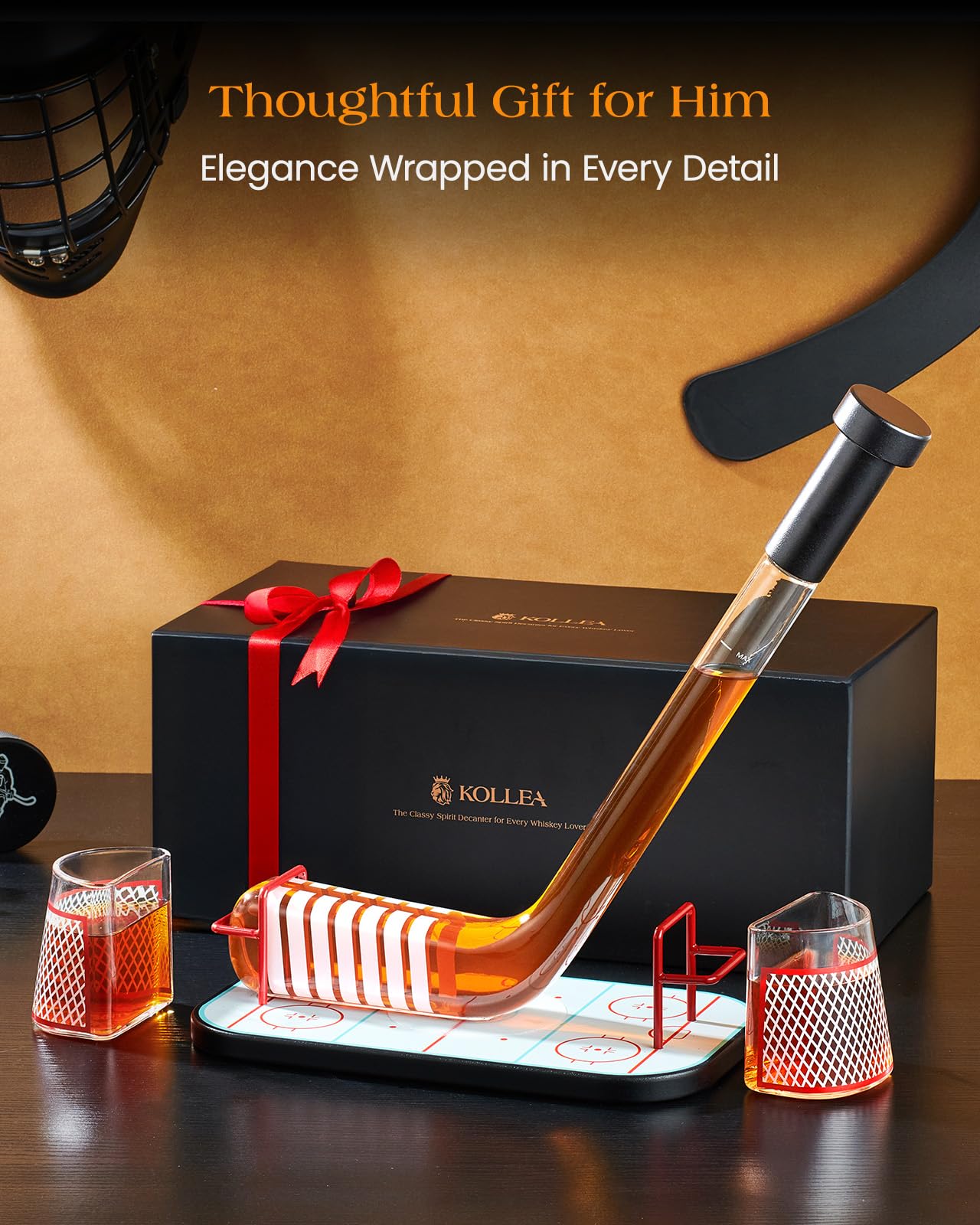 Gifts for Men – Kollea Ice Hockey Whiskey Decanter Set with 2 Hockey Goal Glasses, Unique Ice Hockey Gift for Dad, Husband, Brother, Coach – Birthday, Christmas & Anniversary for Hockey Fans