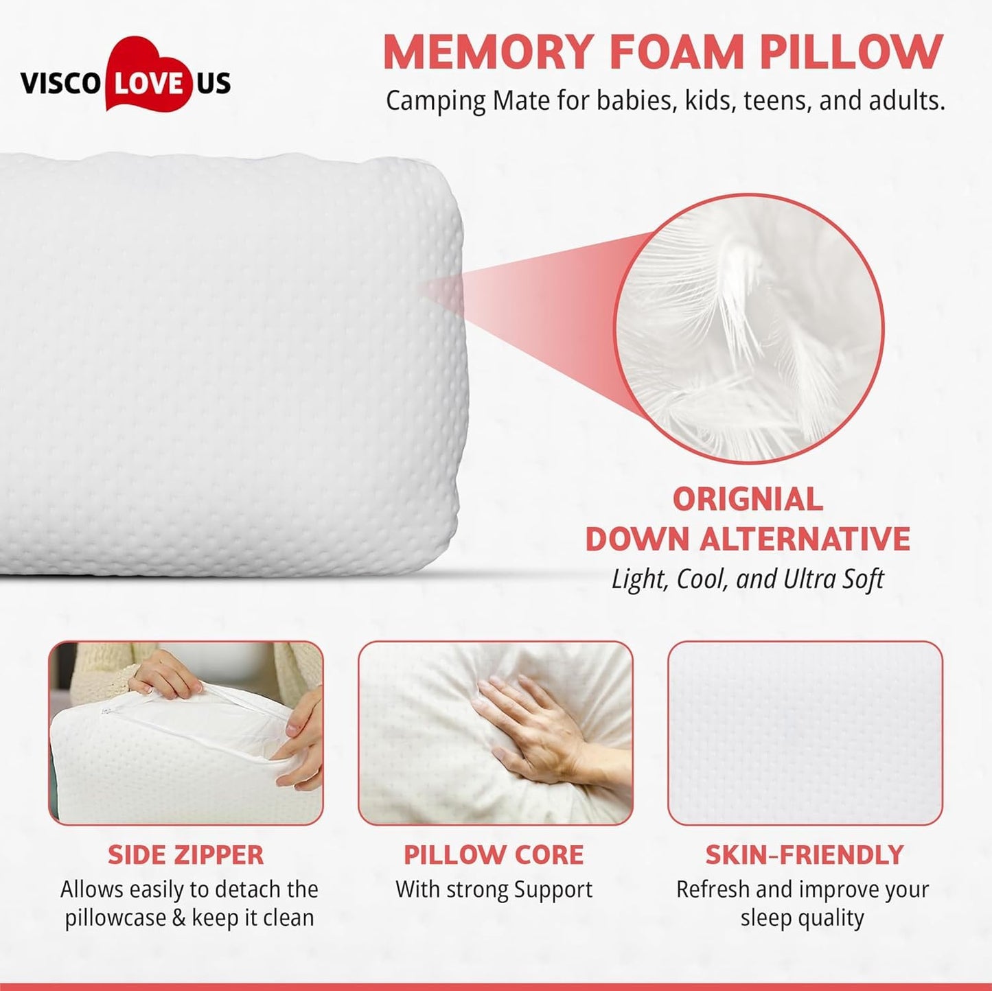VISCO LOVE Travel & Camping Pillow - Comfortable Memory Foam Travel Small Pillow - Backpacking Pillow Easy to Carry Portable Bag Ideal for Airplane & Car Travel Pillows (White)