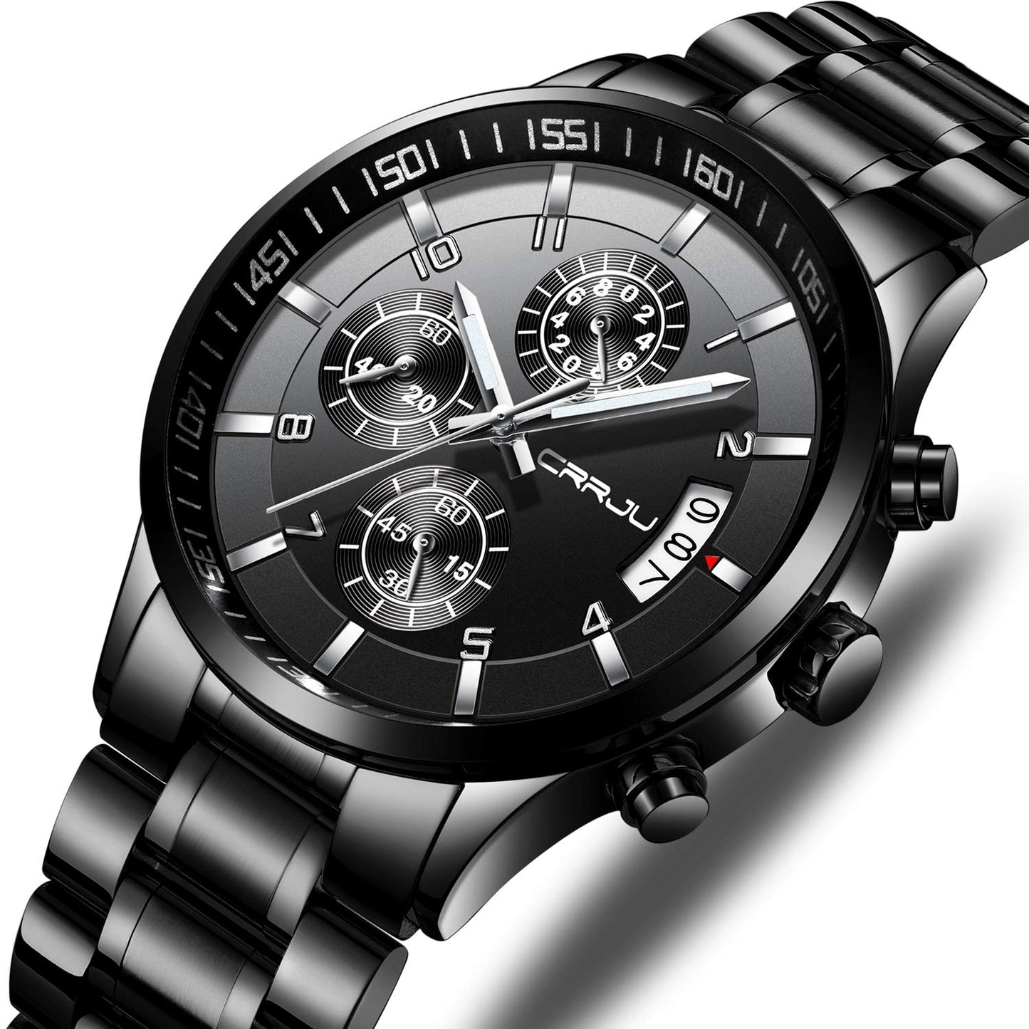 CRRJU Men's Black Watch Fashion Business Chronograph Quartz Wristwatches,Luxury Stainsteel Steel Band 3ATM Waterproof Watch for Men