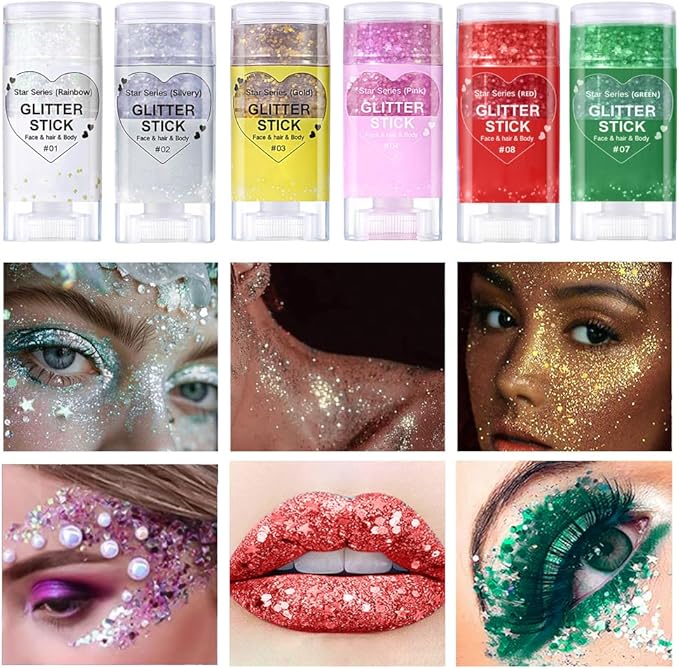 Red Body Hair Glitter Stick for Kids,Christmas Makeup Chunky Sequins Face Glitter Rave Singer Concert for Women, Halloween Glitter Paint,Waterproof Shimmer Carnival Mardi Gras Accessories