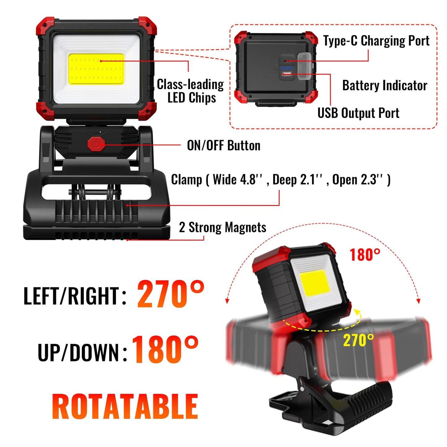 Easymaxx LED Rechargeable Work Light with Clamp, 2Pack 2100LM COB Magnetic Clip on Worklight 270° Rotating with Mobile Charger, Portable Clamp Work Light for Boats, Car Repairing, Job Site Lighting