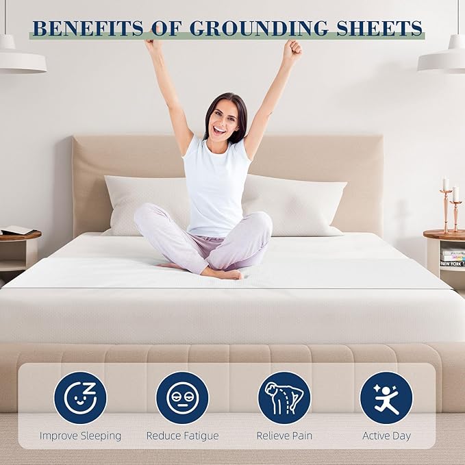 Grounding Mat for Bed 90% Organic Cotton+10% Pure Silver Fiber, Grounding Fitted Sheets for All Mattress Sizes, with Static grounding Cord and Test Pen(White, 105.4 * 23.5 inch)
