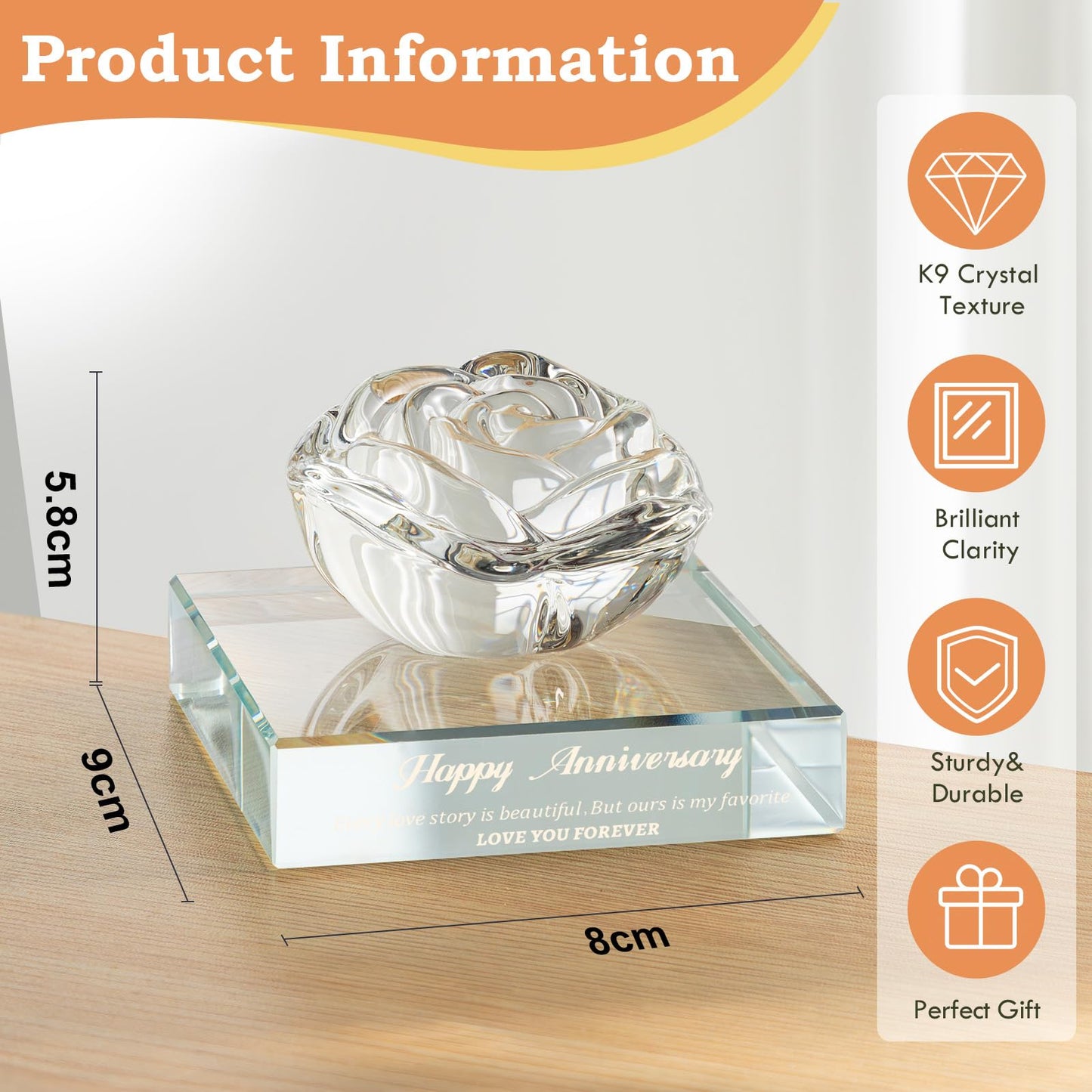 PEEYHONY Gift for Women, Eternal Crystal Rose Flower Figurine Ornament Wedding Anniversary Love Gift for Love One, Happy Anniversary Day Gifts Ideas for Wife Girlfriend Couple Her