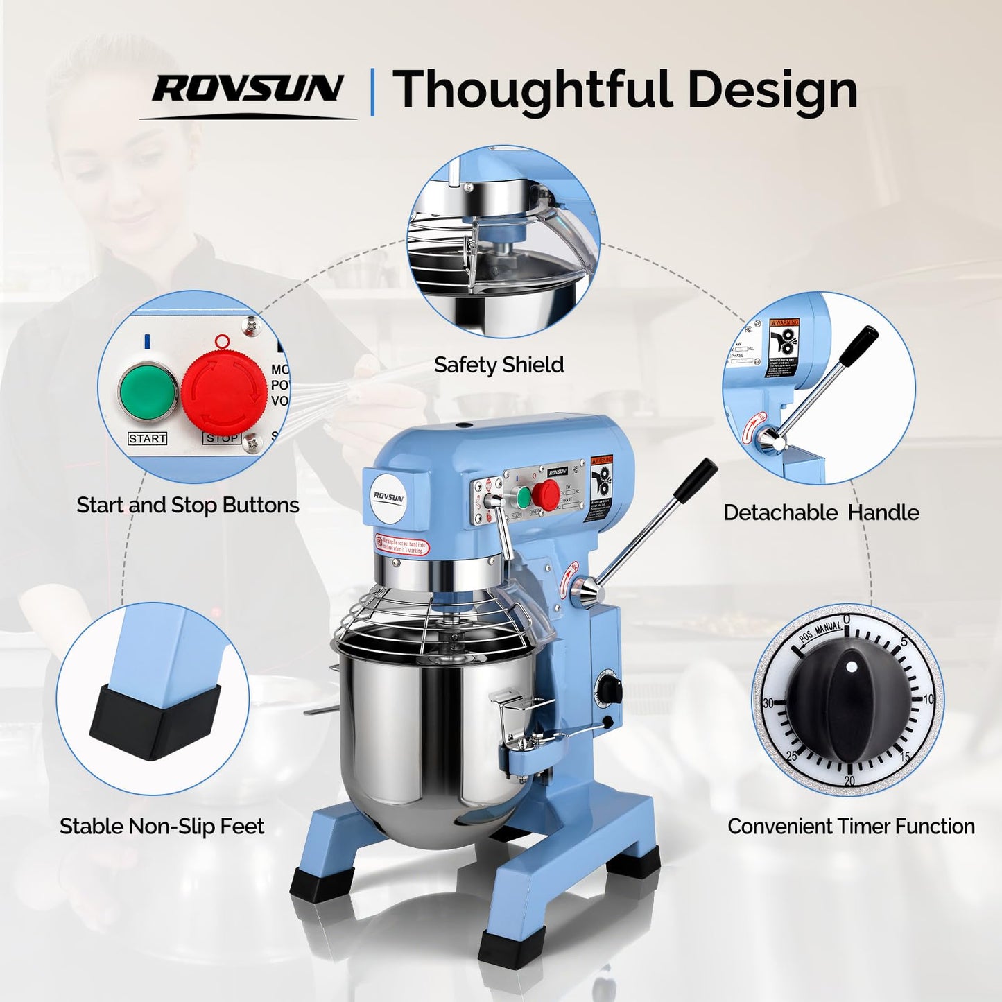 ROVSUN 15QT Commercial Food Mixer, 550W Electric Commercial Dough Mixer with 3-Speeds Adjustable, Heavy Duty Commercial Stand Mixer with Stainless Steel Bowl for Bakery Pizzeria Restaurants, Blue