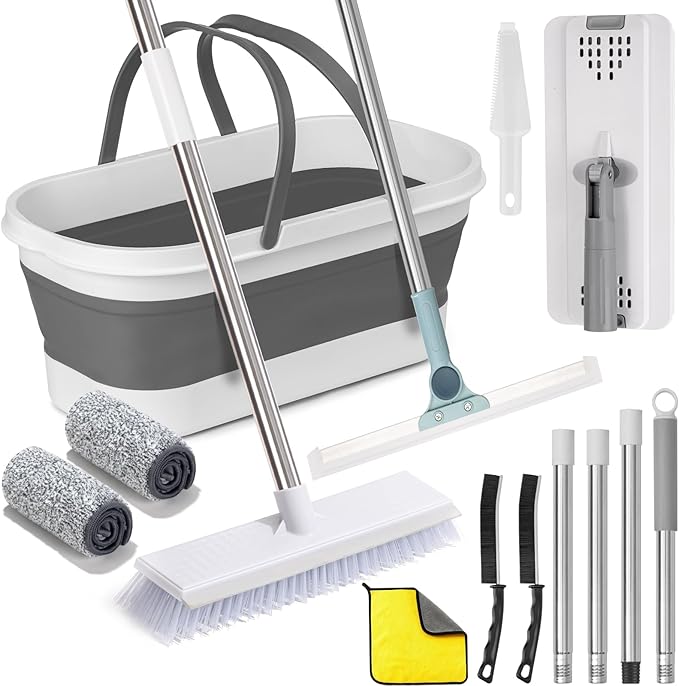 Flat Mop and Bucket Set with Floor Squeegee, Heavy Duty Scrub Brush, 2 Washable Reusable Microfiber Pads, for Tile Hardwood, Wall Cleaning, Home Indoor or Outdoor Cleaning (White-Gray)