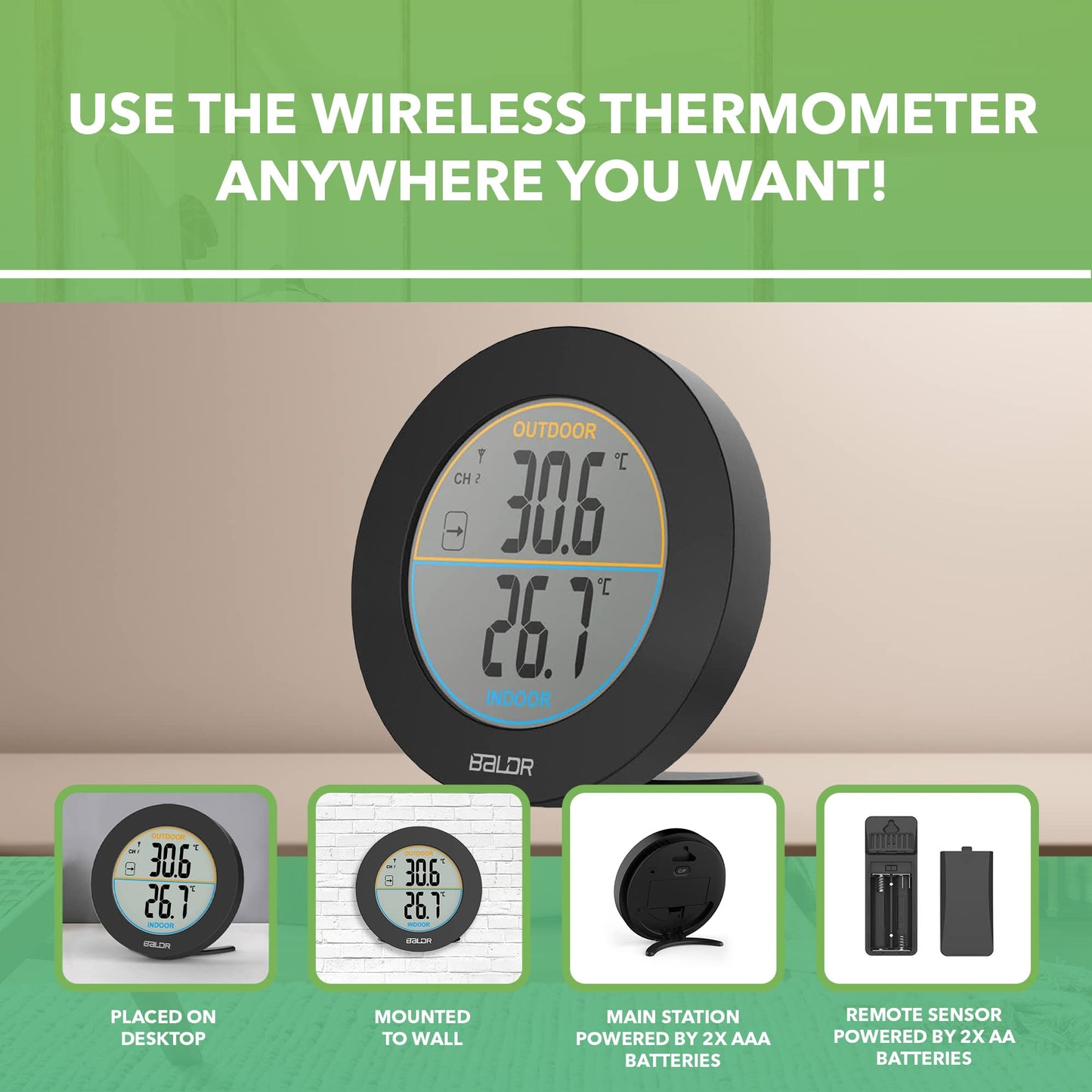 BALDR Wireless Indoor Outdoor Thermometer - 2.5” LCD Display Digital Thermometer for Home - Surface or Wall Thermometers Indoor & Outdoor Weather Station, Wireless Remote Transmitter Included (Black)