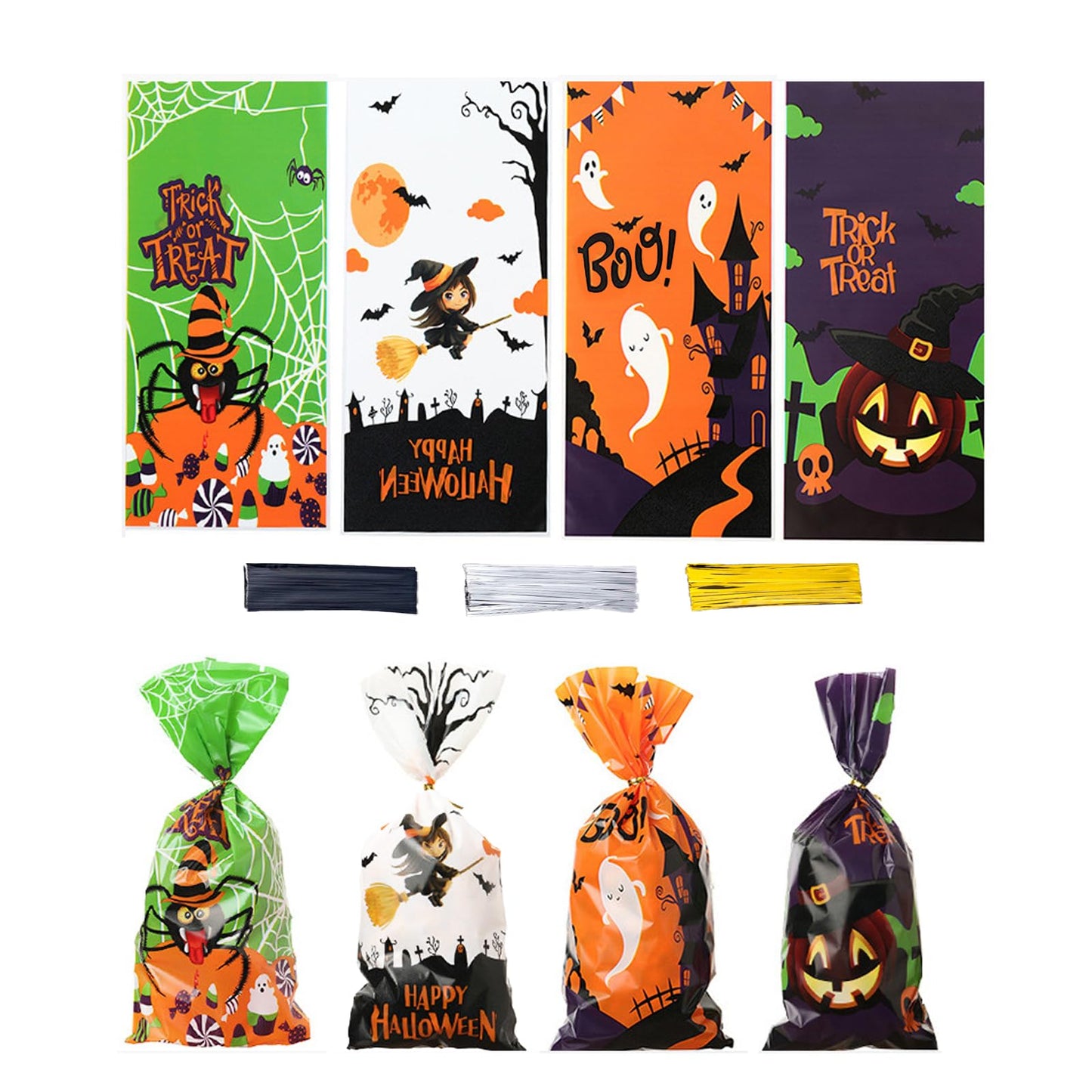 Jocomoni 160PCS Halloween Cellophane Treat Bags, Plastic Goodie Candy Bag Goody Snack Sweet Bags with Twist Ties for Halloween Party Favor Supply（4 Style）