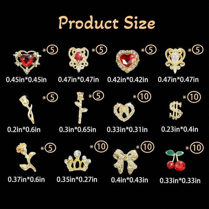 85 Pcs 3D Gold Nail Charms Y2K Bulk Nail Art Decor Set Nail Charms and Gems Including Heart Rhinestones for Nails, Cherries, Dollars, Roses, Crowns, and More for Nail Art Decoration Jewelry