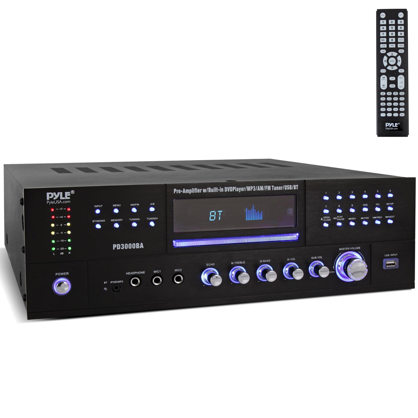 Pyle 4 Channel Bluetooth Home Amplifier - Front Loading DVD/CD Player - 3000W Peak Stereo Receiver - 2 Mic Inputs w/ Echo, FM Radio,Optical In,USB,RCA,Composite, LED Level Meter, Rack Mount - PD3000BA