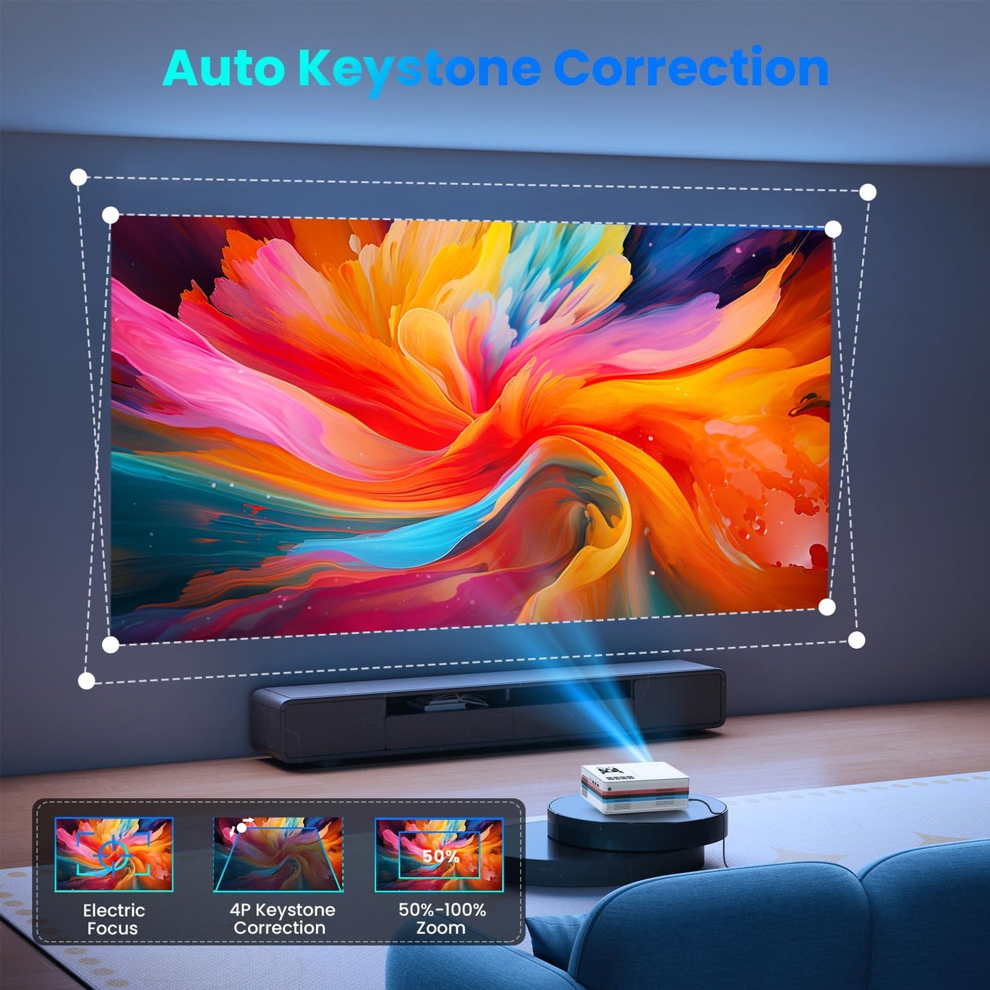 [Compatible with Netflix, 2000 ANSI] Smart Projector with WiFi 6 and Bluetooth 5.3, Electric Focus Auto Keystone, Native 1080P Outdoor Movie Projector with PrimeVideo/YouTube, for HDMI/USB/iOS/Android