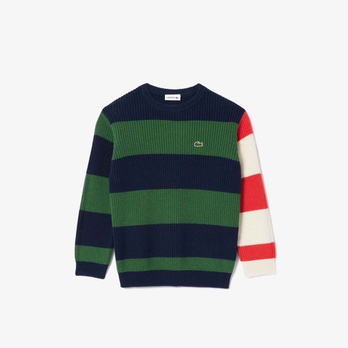 Lacoste Kid's Short Sleeve Elevated Stripe Crew Neck Sweater, Marine/ROQUETTE-LAPONIE-Sunrise, 2YR