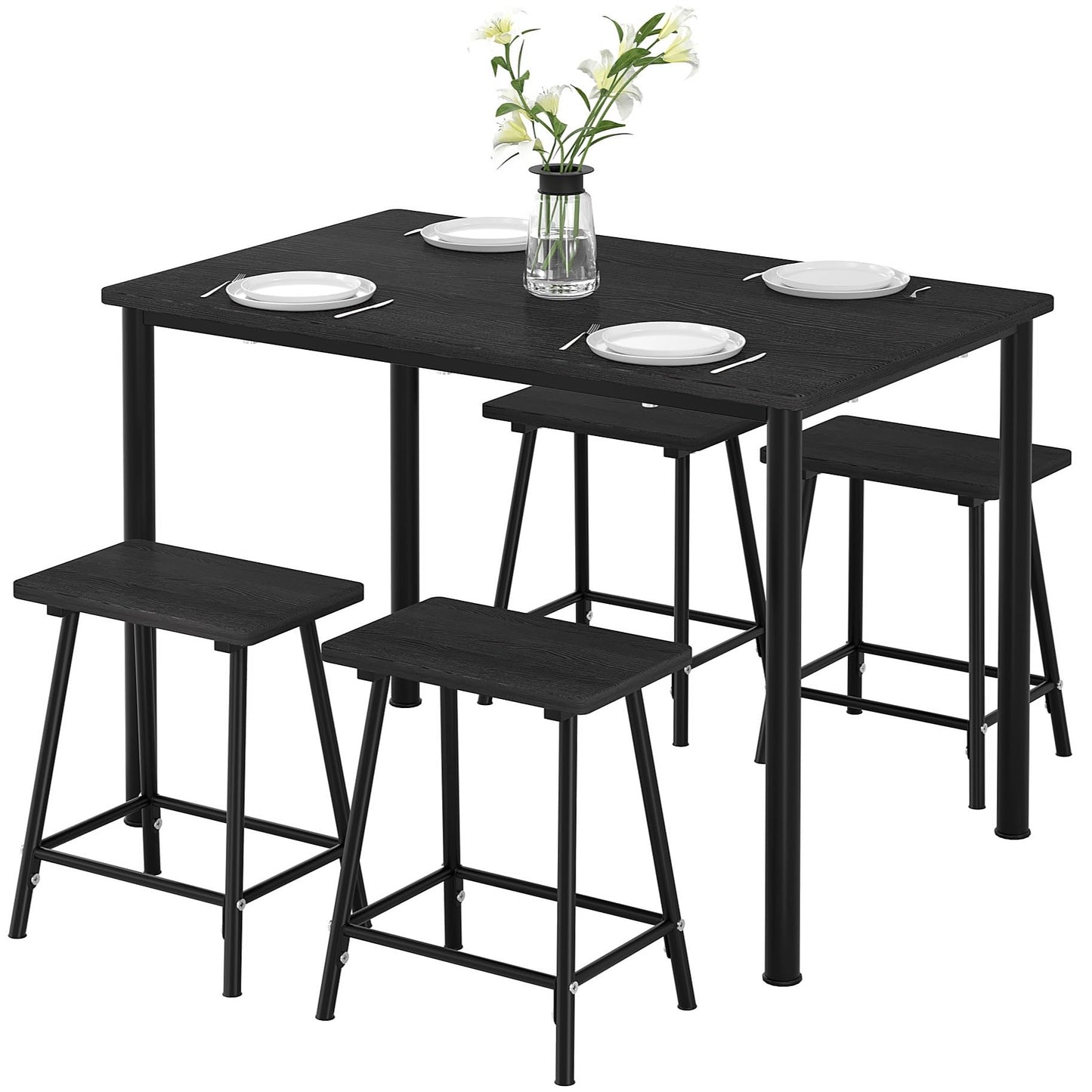 VECELO Kitchen Table and Chairs for 4, Dining Room Set with Chairs/Stools, Heavy-Duty Metal Frame with Wooden Tabletop for Small Spaces, Easy Assembly, Elegant Black