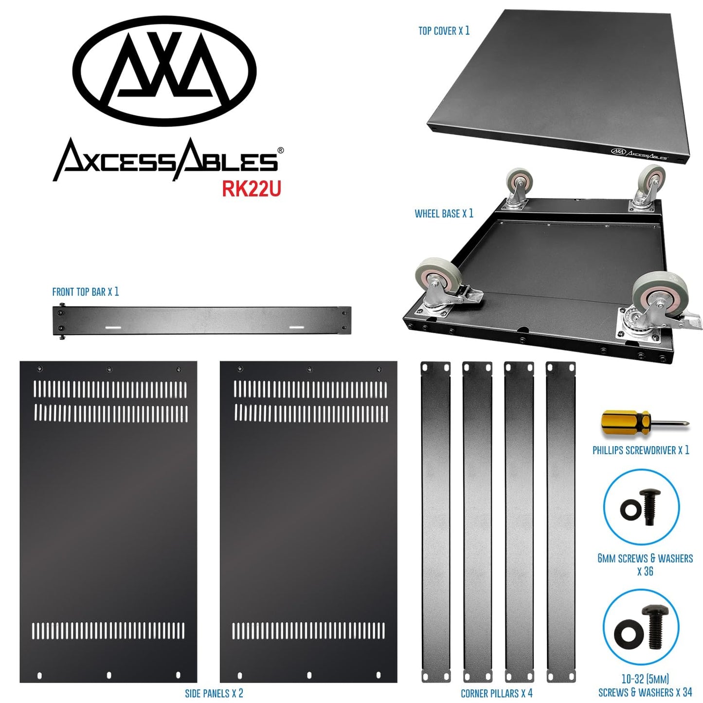 Axcessables Rk 22U Rack-Mount Cabinet Case W/Caster Wheels (Compatible With Us 5Mm& European 6Mm Rack Standards.) Rack For Av, D