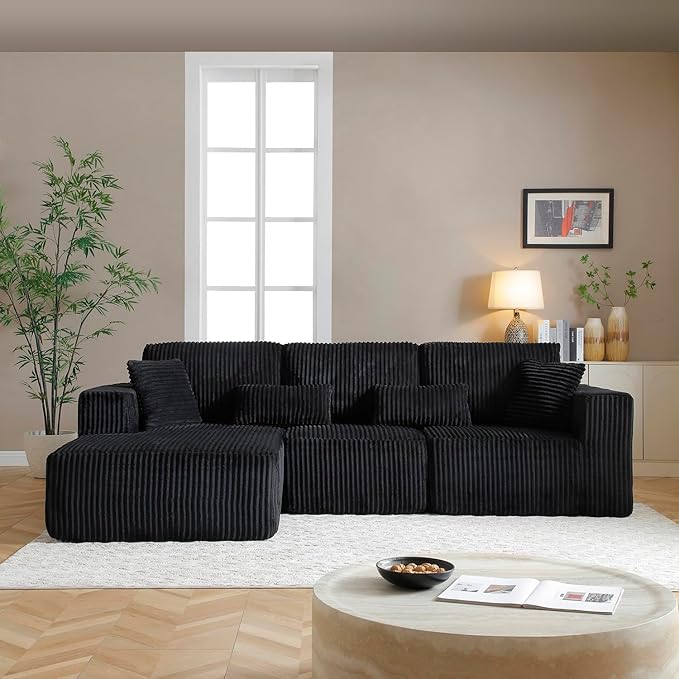 110" Cloud Sectional Couch, Modular Sectional Sofa with Deep Seat, Corduroy Upholstered Boneless Couch for Living Room Bedroom, Left Facing Chaise (Black, 110" Left Facing Chaise)