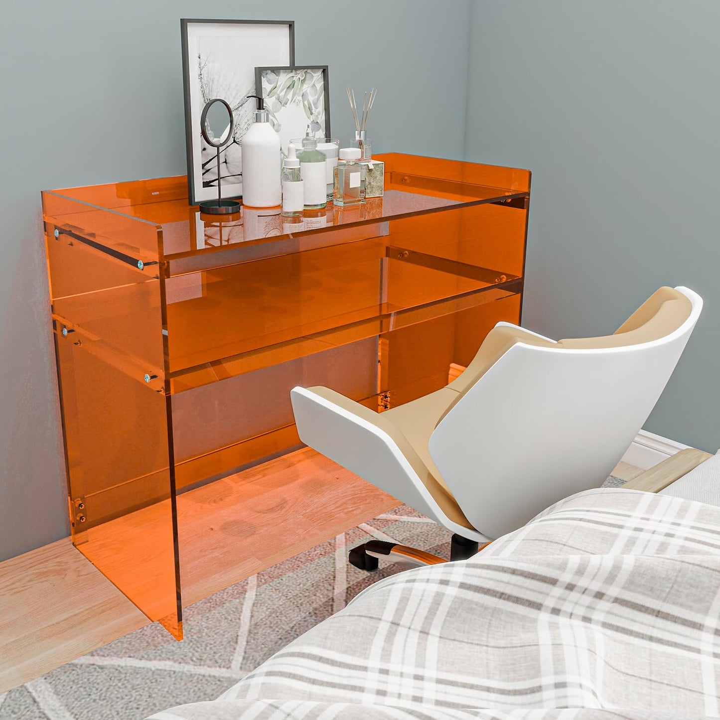 KSacry Acrylic Desk with Retaining Edge, Acrylic Console Table, Clear Art Desk for Office, Study, Bedroom, Entrance Decor (17.7" D x 39.4" W x 31.5" H, Orange)