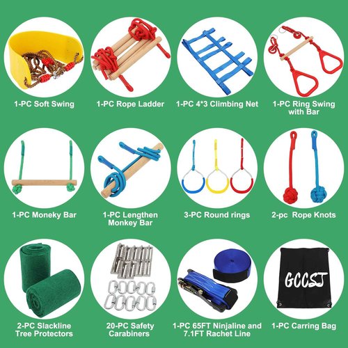 65FT Ninja Warrior Obstacle Course for Kids with 12 Obstacle Course Accessories-Swings, Monkey Bars, Arm Trainers and More, Suitable for Boys and Girls Over 3 Years Old-440 lbs Weight Capacit