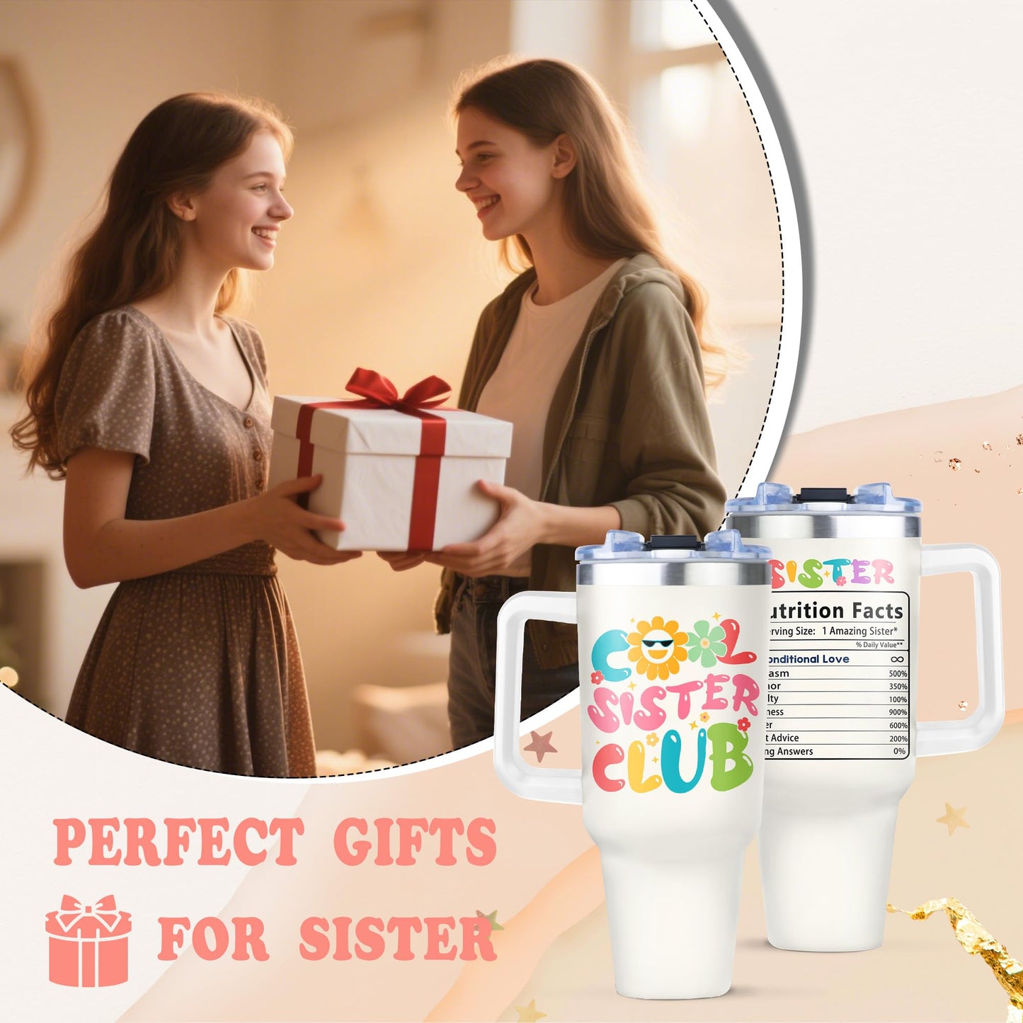 Ladyhold Sister Birthday Gifts, Big Sisters Gifts from Sis Mothers Day, Birthday Gift for Sisters Tumbler 40Oz with Handle and Straw, Best Soul Sister Ever Gift for Women Christmas