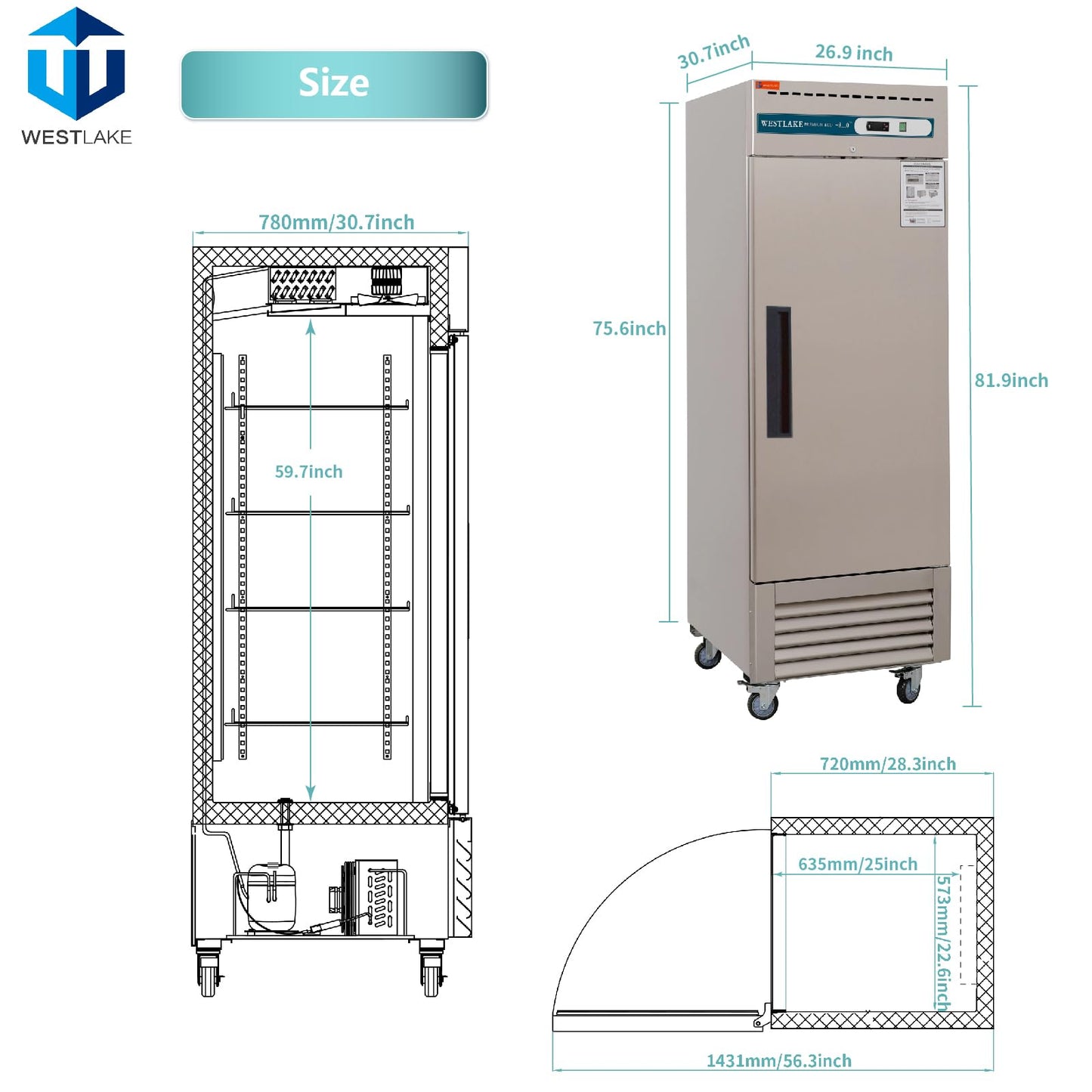 WESTLAKE Commercial Freezer 27"W Stainless Steel Reach-in Solid Single Door Upright Fan Cooling 23 Cu.ft Freezer for Restaurant, Bar, Shop, etc