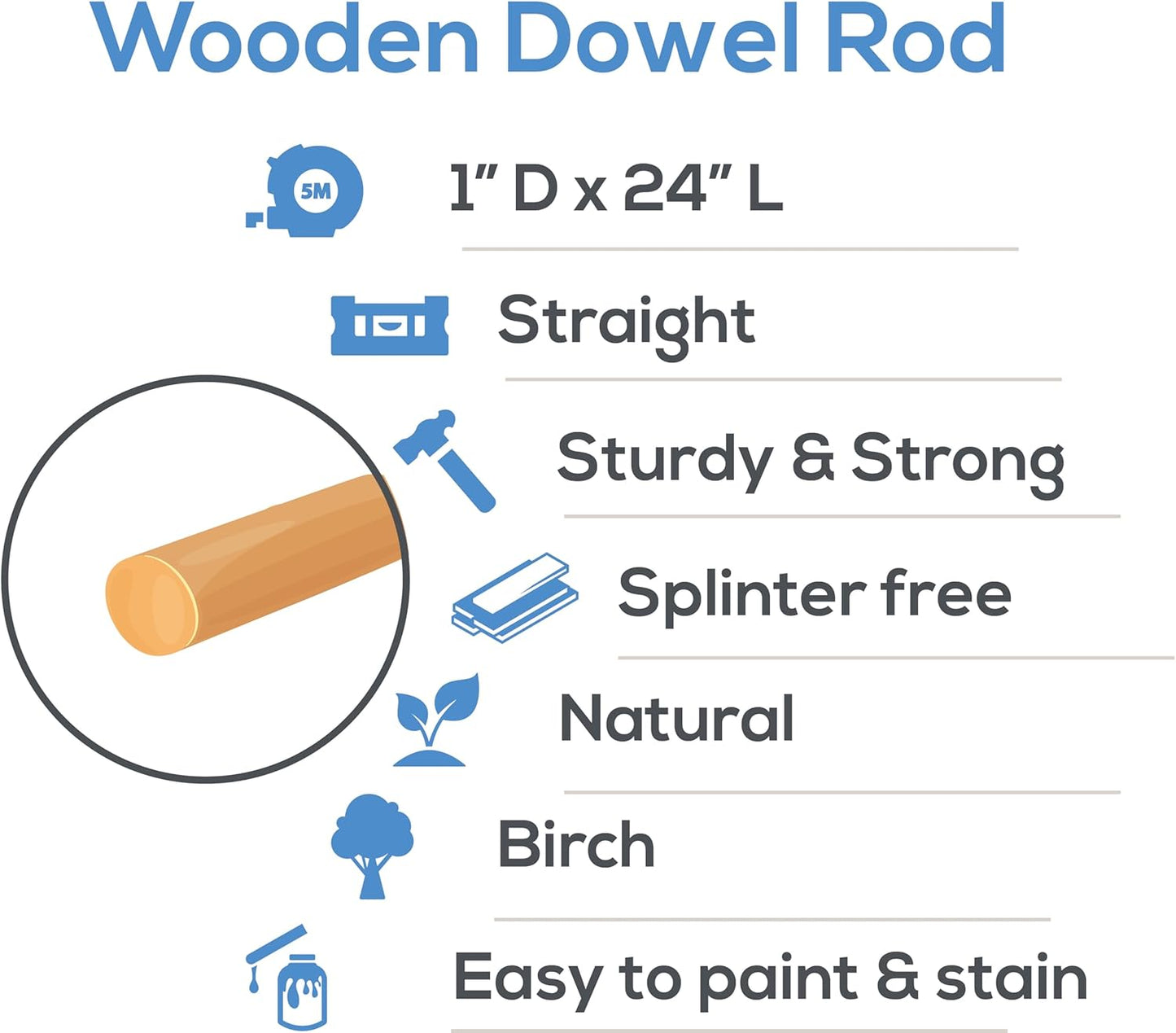 Wooden Dowel Rod, 1 Inch x 24 Inch Wood Dowels, Pack of 5 Wooden Dowels for Crafts, Unfinished Hardwood Dowels Rods, Strong Wood Rod Dowels for Crafting and DIYers
