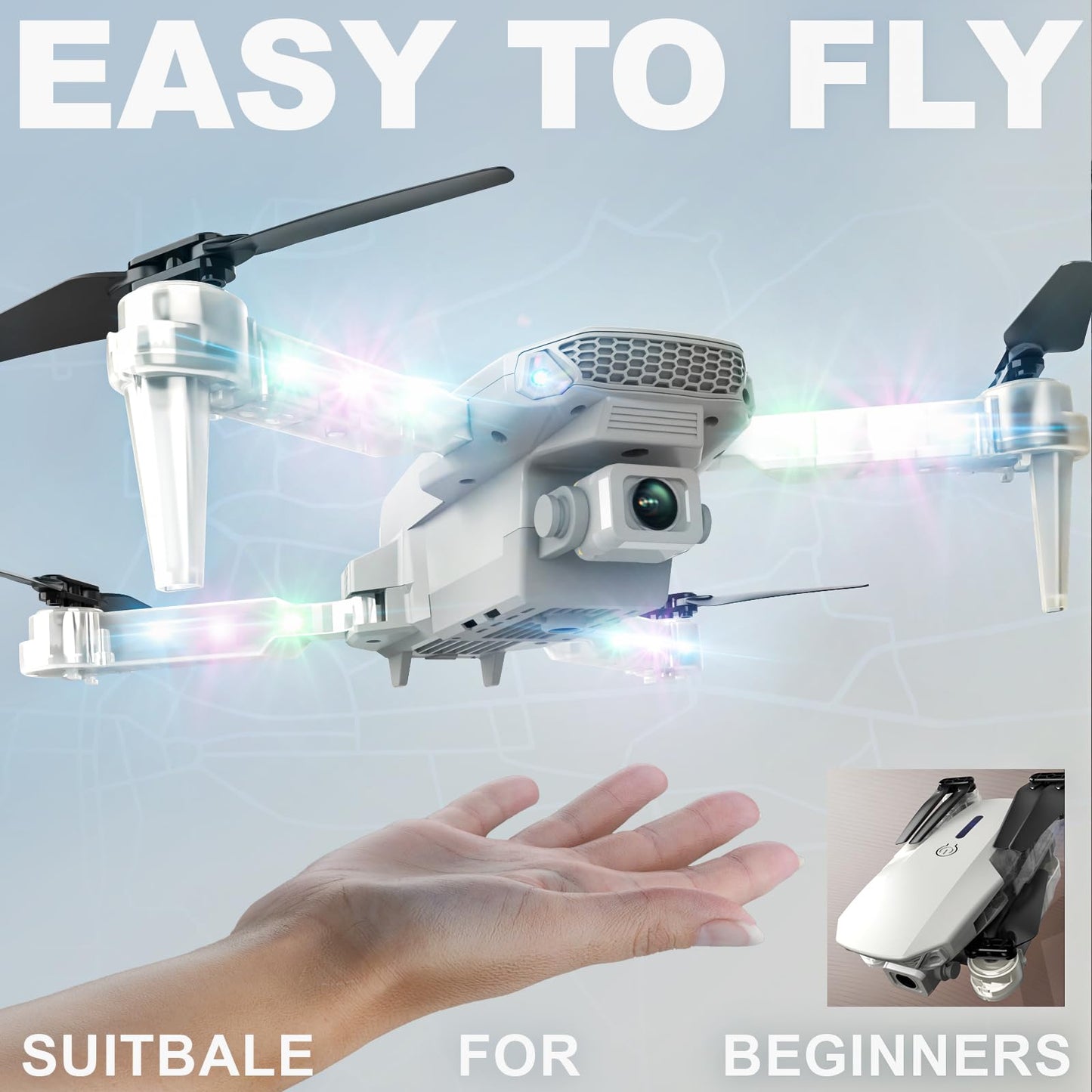 Drone with Camera 1080P HD - Foldable FPV Mini Drones with LED Lights for Adults Kids and Beginners, Toys Gifts RC Quadcopter with One Key Take Off, 3D Flips for Boys Girls with 2 Batteries, White