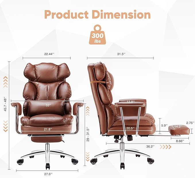 Sweetcrispy Executive Home Office Desk Chair - Ergonomic Big Tall High Back with Footrest & Lumbar Support, Reclining Height Adjustable, Comfy PU Leather Computer Gaming with Swivel Wheels, Brown