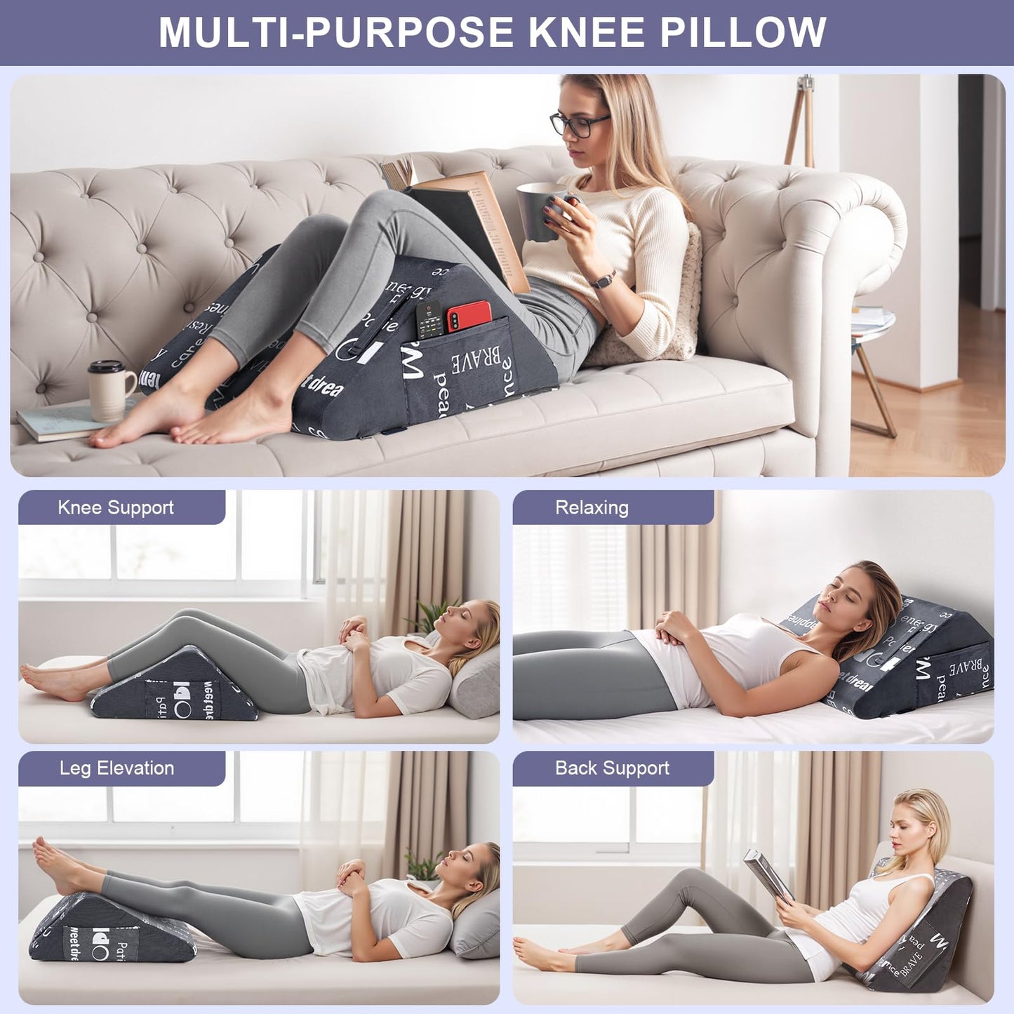 Knee Pillow for Back Sleeping, Leg Wedge Pillows Memory Foam for Legs Post Surgery, Triangle Pillow for Knee Support, Leg Elevation, Knees Hip Back Pain Relief, with Removable Cover and 2 Side Pockets