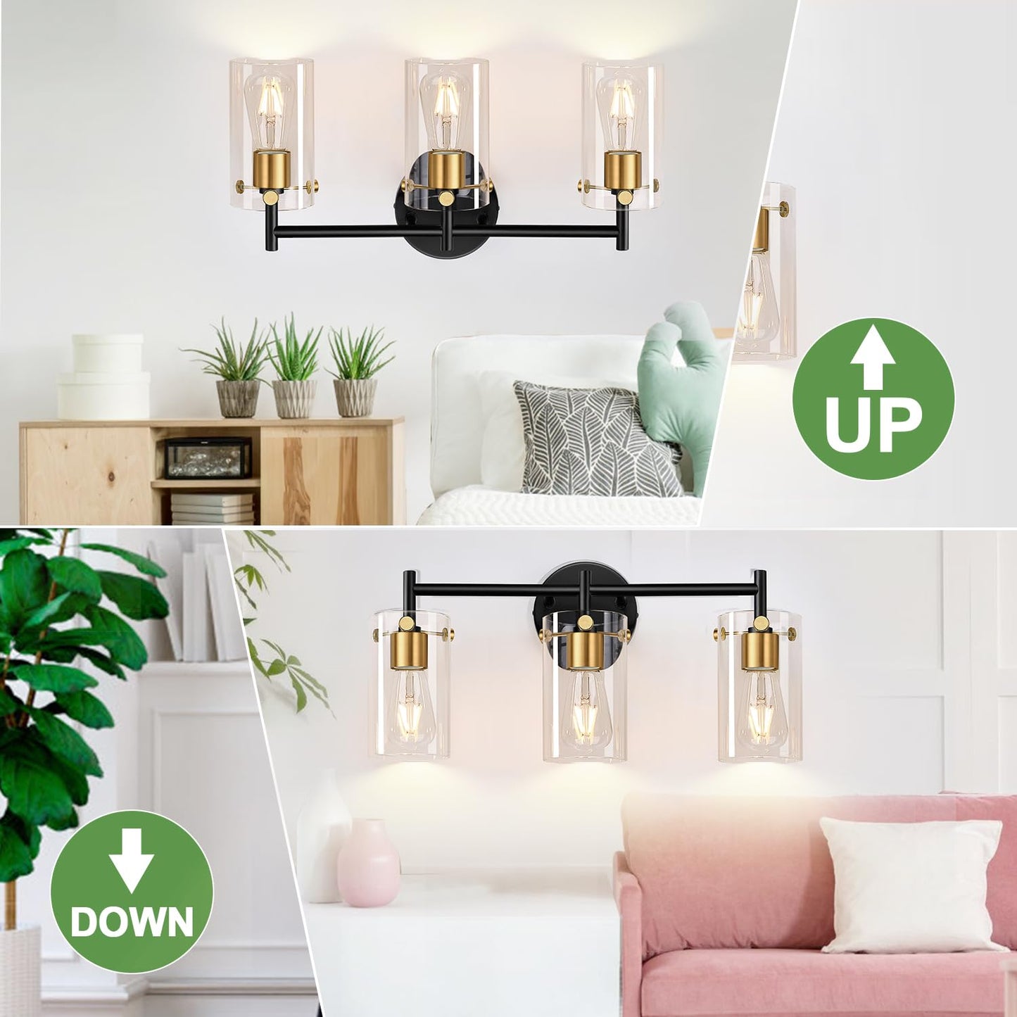 Bathroom Light Fixtures 2024 Upgrade, 3-Light Black and Gold Vanity Light, Black Bathroom Lights Over Mirror with Clear Glass Shade for Mirror Bedroom Living Room