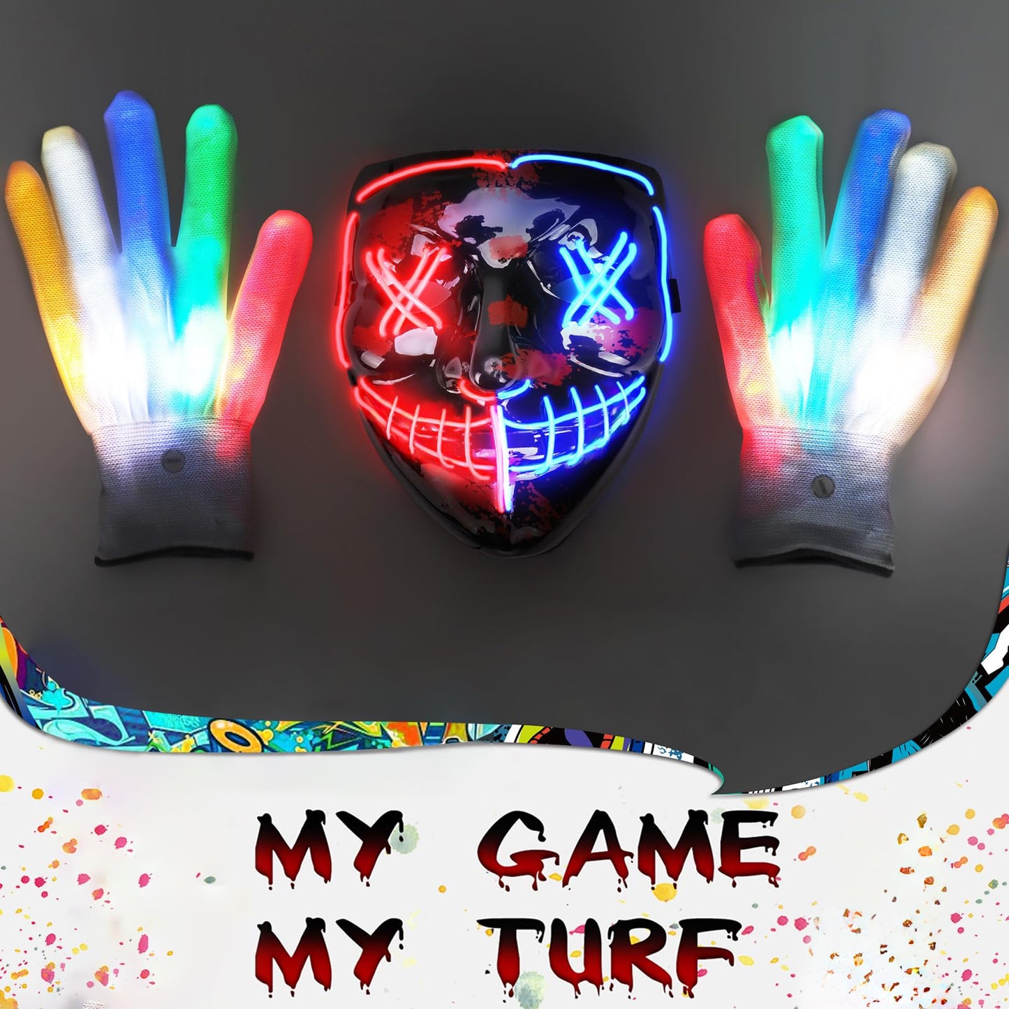 STONCH Halloween Glow Mask Skeleton Gloves Set, 3 Modes Light Up Scary LED Mask with LED Glow Gloves, Halloween Costumes glow purge Masks