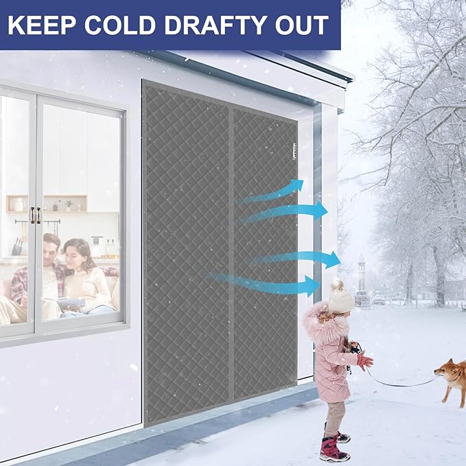 Magnetic Thermal Insulated Door Curtain Fit Door Size 72" x 80", Quilted Oxford Fabric Thicken Cotton Fill, Winter Cover Keep Cold Draft Out, Blanket Insulation for Front Patio Doors Gray