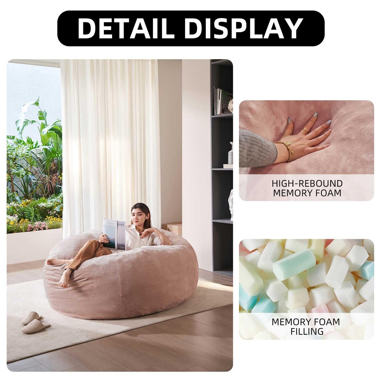 Big Bean Bag Chairs for Adults 6FT Bean Bag Chair with Filler Included Memory Foam Chair Super Soft Plush, Living Room Furniture, Suitable for bedrooms, Dorm Reading Lounge Chairs(Pink)