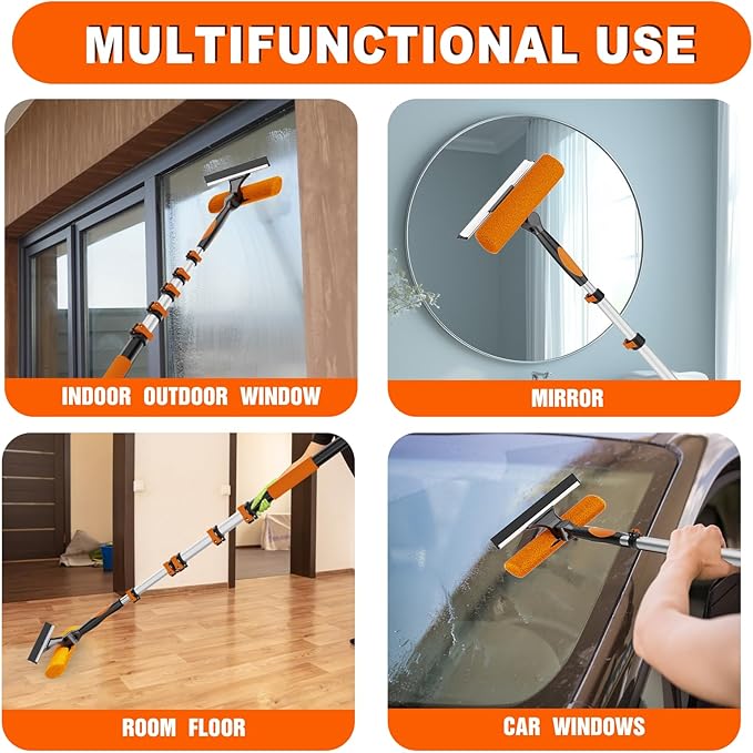 30FT Reach Window Squeegee with Extension Pole, 2-in-1 Professional Window Washing Kit for Home, Indoor Outdoor Squeegee with Rotatable Head for High Windows