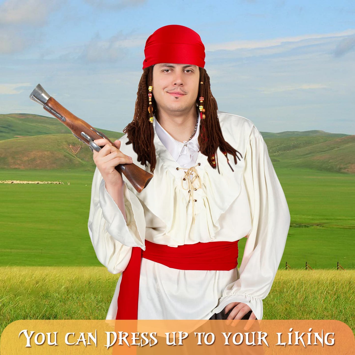 Unittype 3 Pieces Pirate Costume for Men, Pirate Shirt Head Scarf and Sash Belt Costume for Men(White, Red)