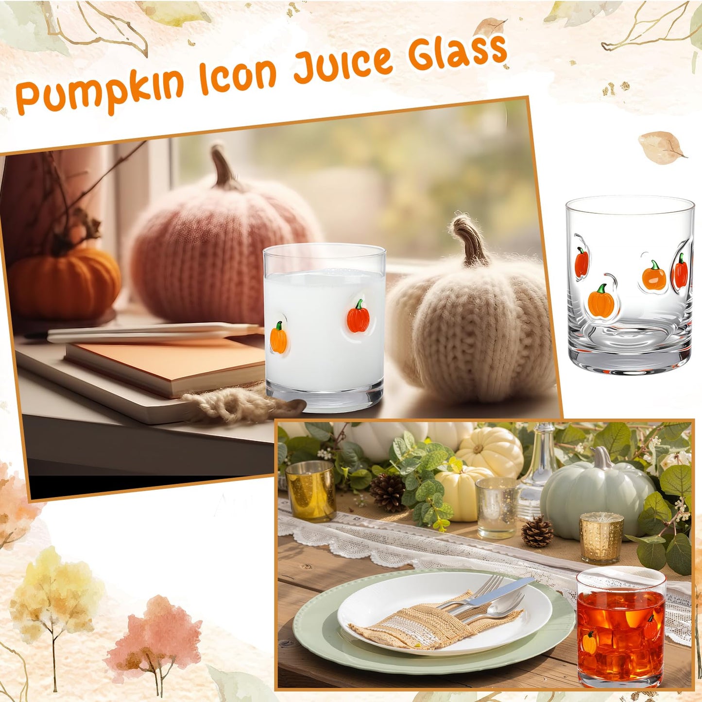 Skylety 2 Pcs Pumpkin Icon Juice Glasses Fall Thanksgiving Drinking Cups Old Fashioned Stemless Wine Glasses 13.5 oz Whiskey Cocktail Coffee Mugs for Halloween Party Harvest Gift Decor