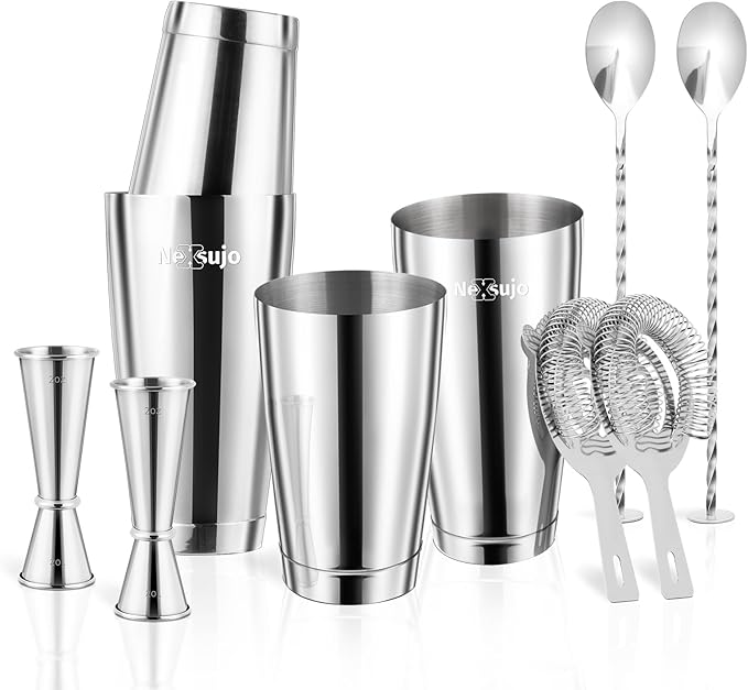 Nexsujo Boston Cocktail Shaker, 8-Piece Professional Shaker Set, Stainless Steel Bar Tools Set with Boston Shaker, Bar Spo...