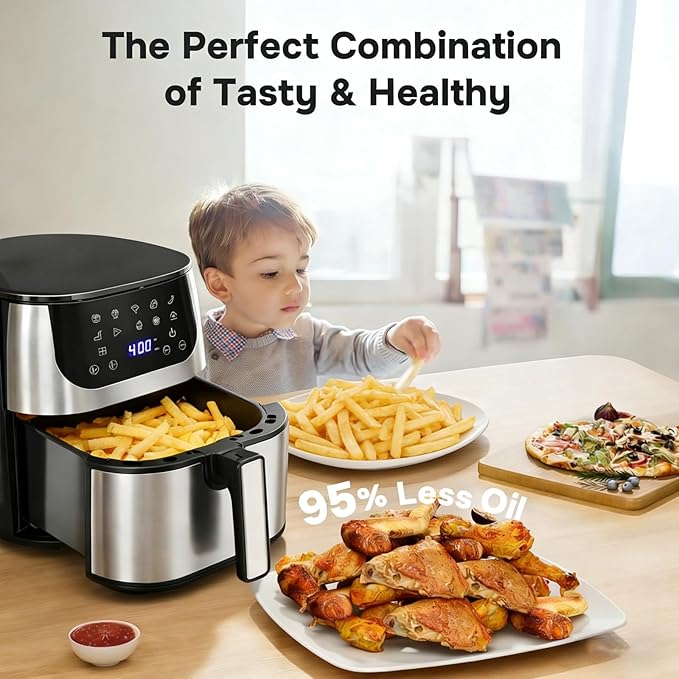 Simple Deluxe 12-in-1 Air Fryer 8.5 Qt, Digital Preset Airfryer, with Nonstick and Dishwasher-Safe Basket, Air Fry, Roast, Bake, Dehydrate, Fries, 1800W, Silver