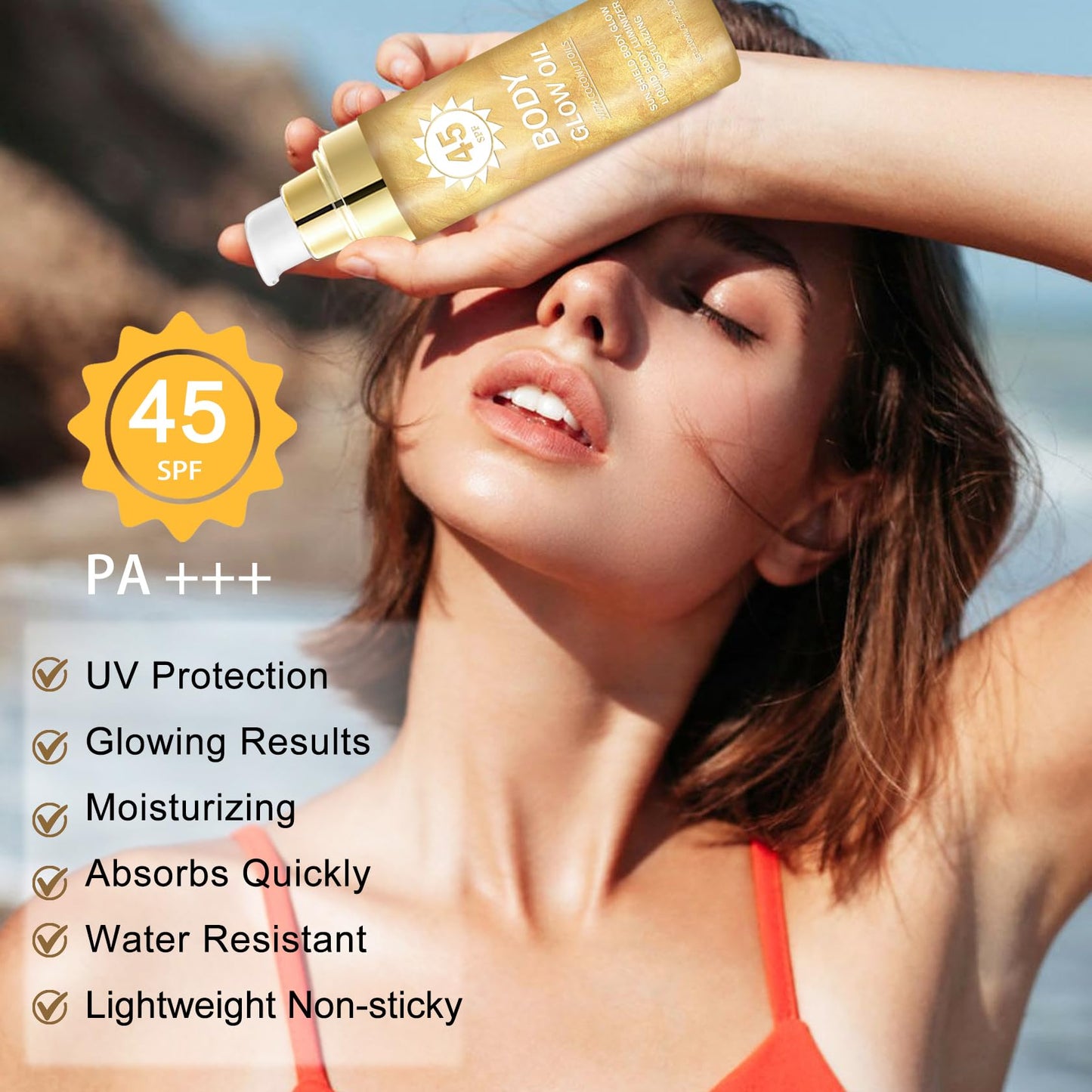 QIUFSSE Body Glow Oil,SPF 45 Broad Spectrum,Body Shimmer Oil with Gold Mica,Glitter Sunscreen with Coconut,Lightweight Non-Stick