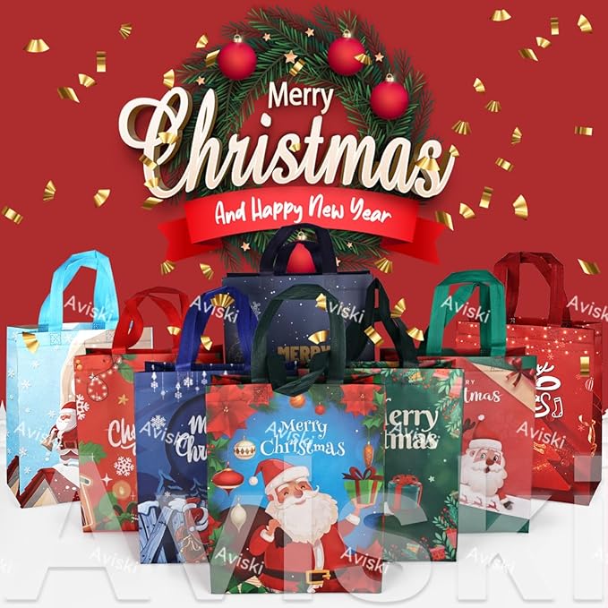 8PCS Christmas Tote Treat Non-Woven Gift Bags with Handles for Gifts Wrapping Shopping, Xmas Party Supplies