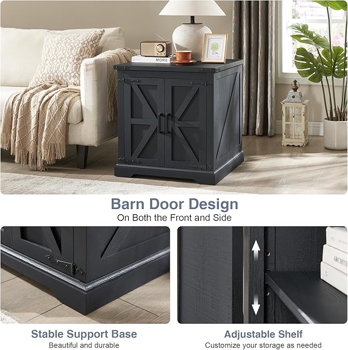 Barnyatoh Farmhouse End Table with Charging Station,24" Large Side Table with Barn Door, Rustic Wood Square Nightstand Bedside Table with Adjustable Storage Shelf for Living Room, Bedroom,Black 2-Pack