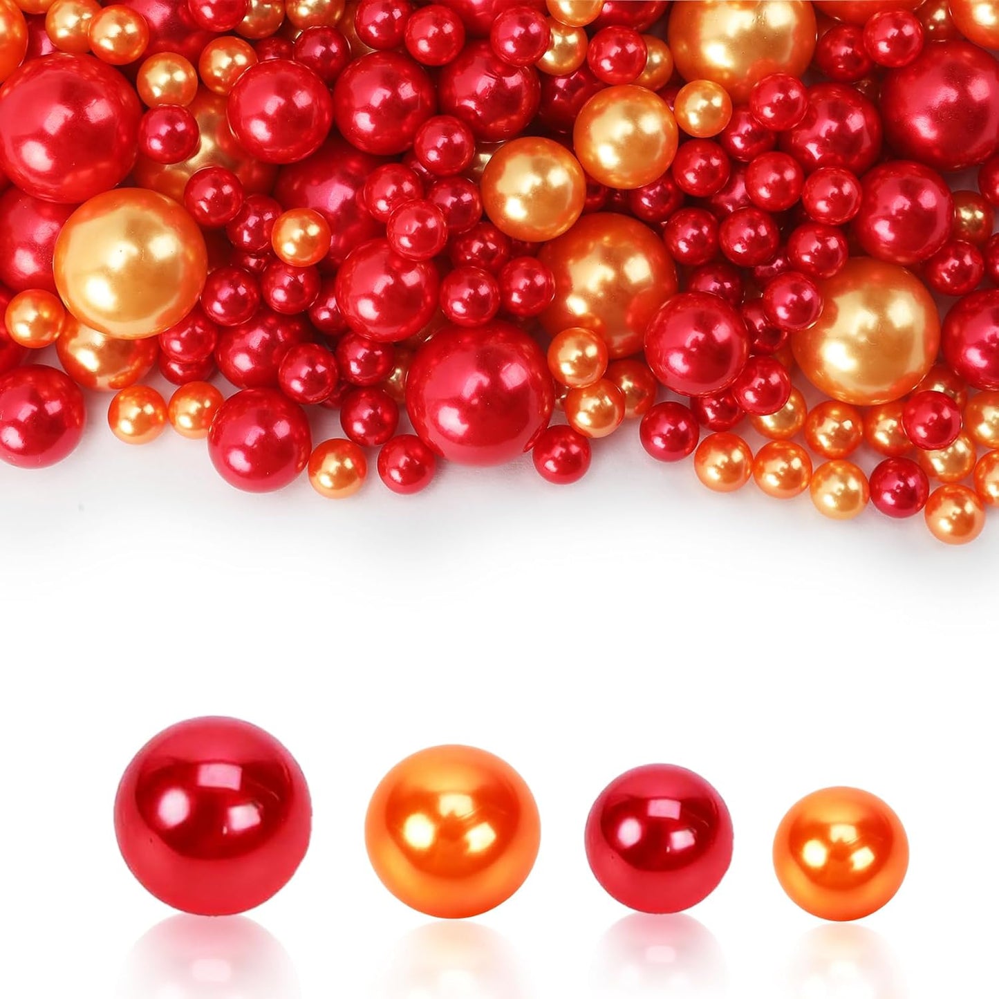 Pearl Beads No Hole Pearls for Crafting 180 Pcs Fake Pearls Faux Pearls for DIY Crafts Jewelry Making Vase Filler Floating Candle Wedding Birthday Party Home Decorations (Red & Orange, 8/10/14/20mm)