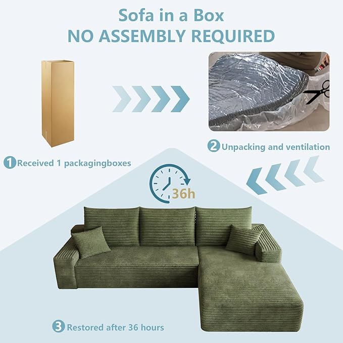 95" Cloud Sectional Couch with L-Shape Chaise, Modern Corduroy Boneless Couch for Living Room,Memory Foam Sofa with Deep Seat,No Assembly Required (Green,Right-Facing Chaise)