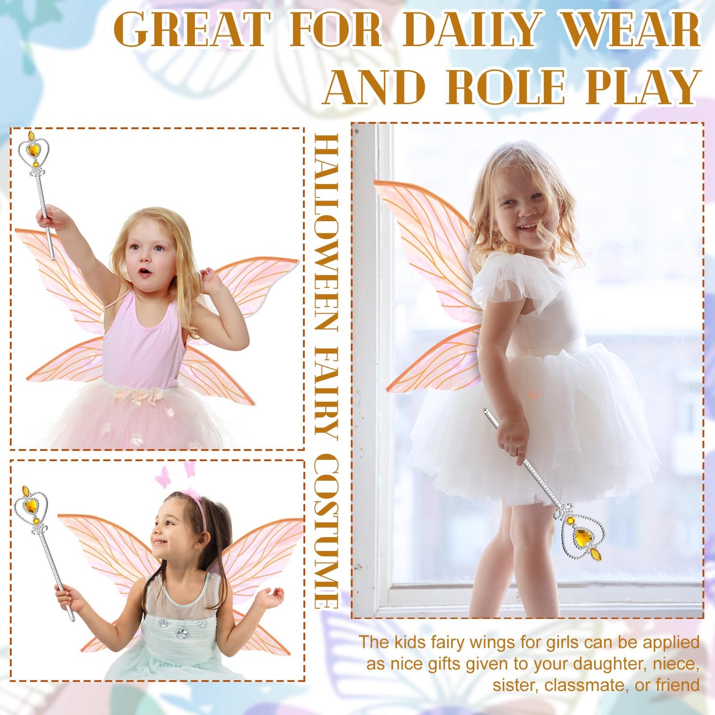 Jenaai 2 Pcs Fairy Wings Halloween Costume Accessories for Girls Adult Women with Wand for Butterfly Cosplay Party(Orange)