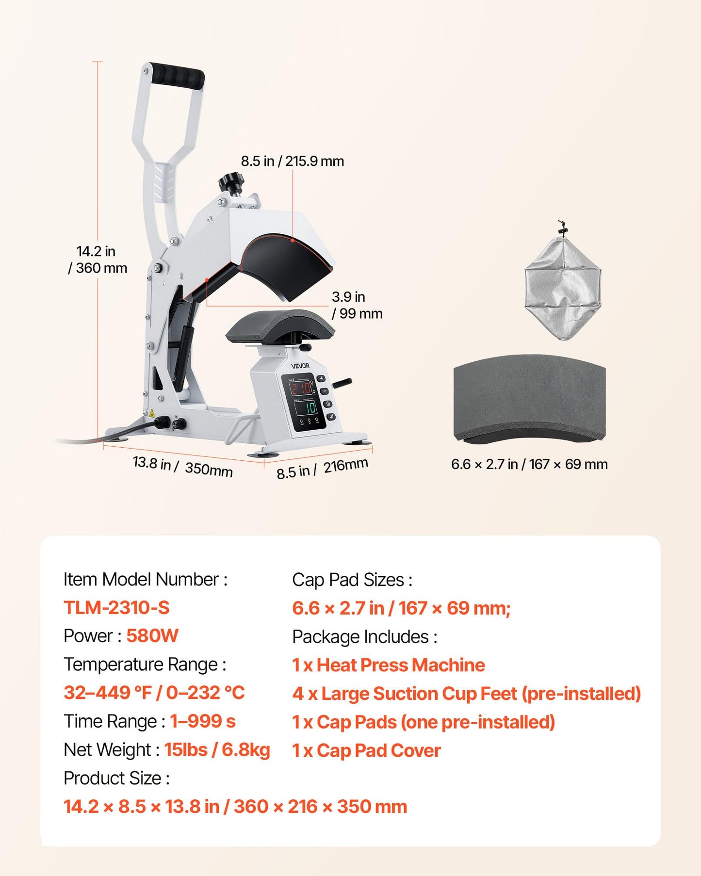 VEVOR Hat Heat Press Machine, 8.5 x 4 in Large Heating Plate, with Caps Stretcher, Precise Temperature & Time Control, Heat Press for Hats and Caps, for HTV Iron On and Sublimation Projects, White
