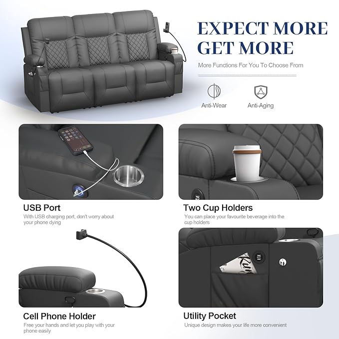 FURNIMAT Oversized Recliner Sofa Set with 3+3 Pieces in Living Room, PU Leather Reclining Couch, Modern Recliner Chair for Living Room, with Cup Holder and 2 Cell Phone Holder, USB Ports, Gray