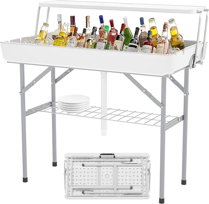 LHBcraft Outdoor Ice Cooler Folding Table with Extra Storage Shelf,Ice Tables for Parties with Drain,Cooler Server for Cam...