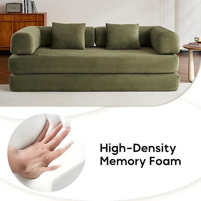 ZEIINPA Convertible Folding Couch Bed, Comfy Corduroy Sleeper Floor Sofa Bed with Fixed-Shape Frame, Floor Sofa with Armrest, Lounge Couch for Living Room Bedroom Lounge Studio, Green
