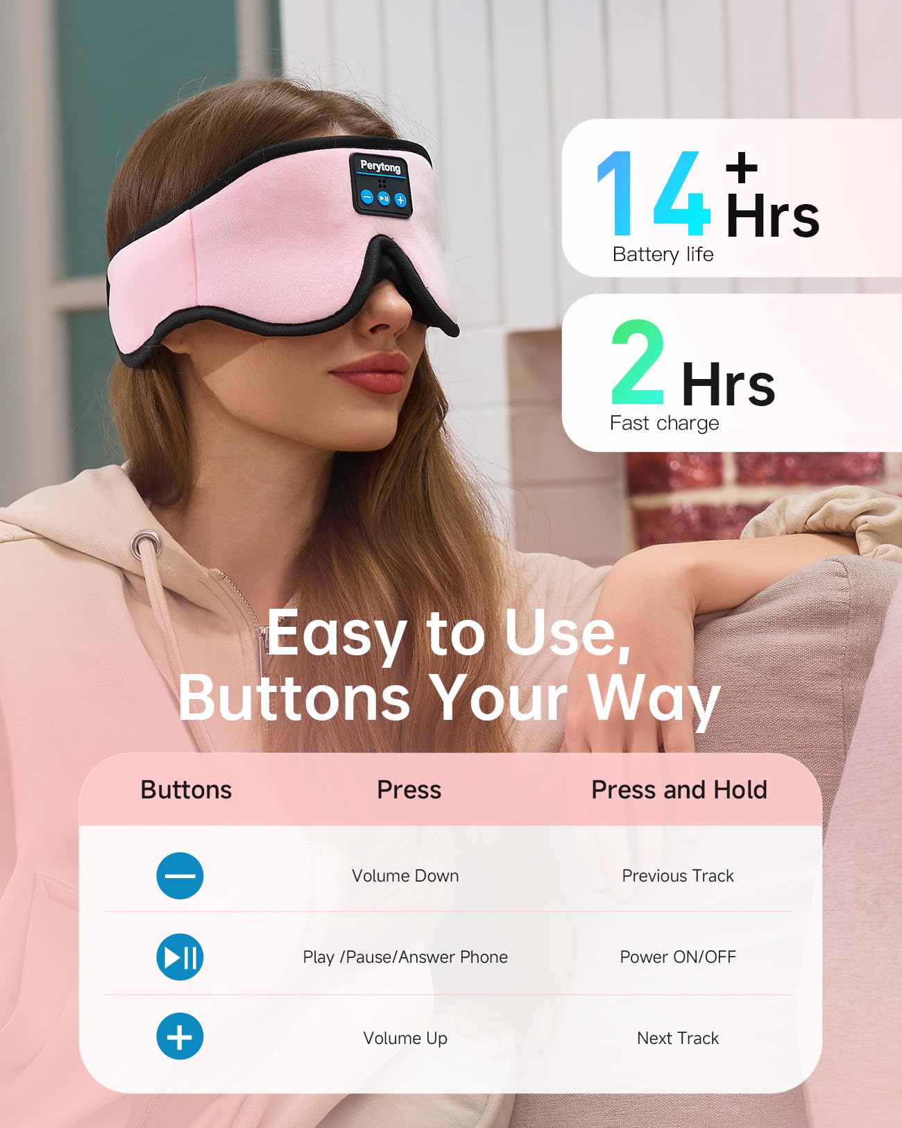 Sleep Mask with Bluetooth 5.4 Headphones, Wireless Music Sleep Eye Mask for Side Sleepers, 3D Contoured Comfort & Built-in HD Stereo Earphones, Noise Canceling & Blackout for Travel (Peach Pink)