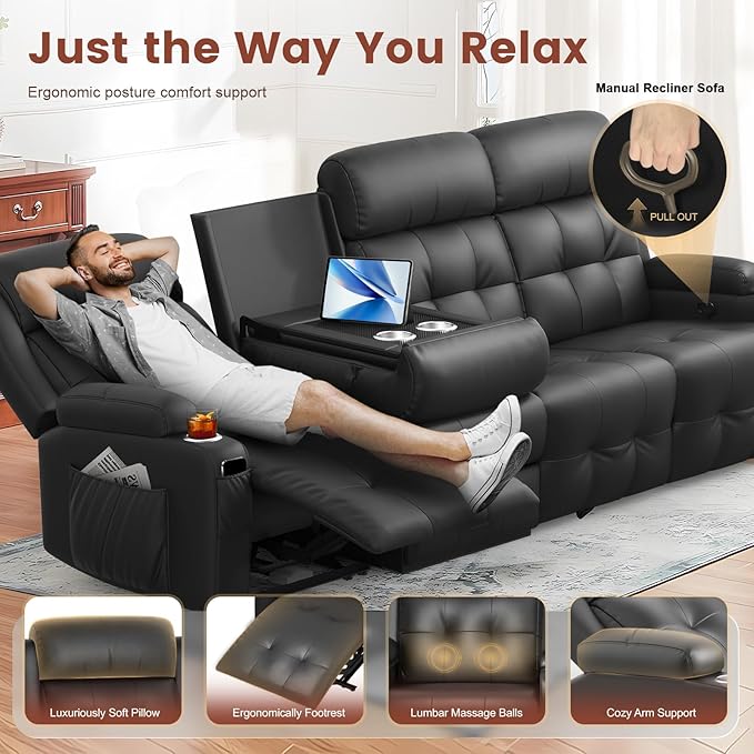 Recliner Sofa, Massage Reclining Sofa 4 Seater Sets Heavy Weight Capacity, RV Loveseat Couch Clearance with Flip Back Console, Storage, Cup Holders, Wall Hugger Reclining Couch for Living Room