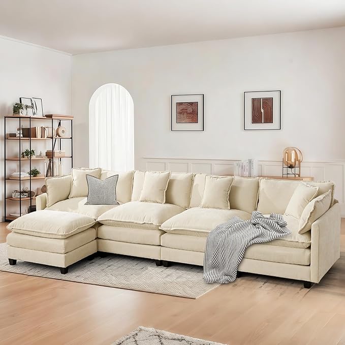 SoarFlash 149.61" Chenille Sectional Sofa, Comfy L Shaped Modular Coush Sofa with Ottoman, Modern 4 Seat Couch Deep Seat Sofa Set for Living Room,Beige
