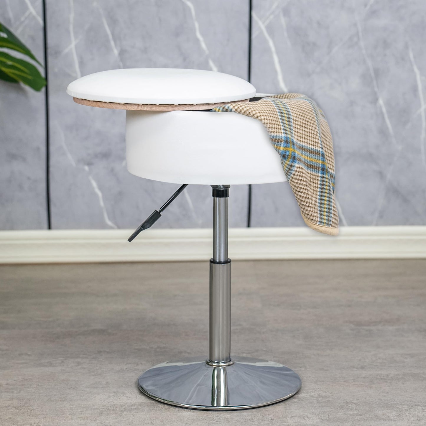 LITZFUR Vanity Stool for Makeup Room, Round Storage Ottoman Height Adjustable Leather Vanity Chair, 360° Swivel Footrest for Living Room Bedroom, White