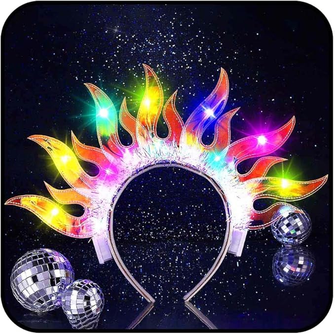 ACEDRE Light Up Flame Headband LED Glowing Fire Crown Sparkly Rave Party Costume Hair Accessories for Women
